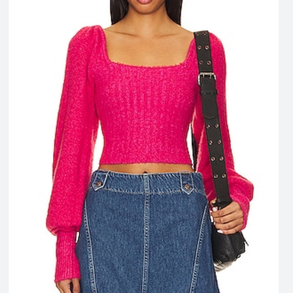 Free People Katie Pullover Textured Cotton Cropped‎ Sweater in Magenta Size XS